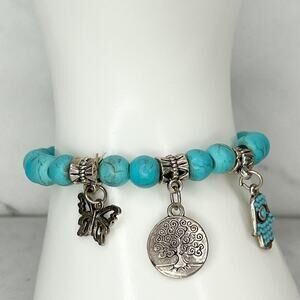 Silver Tone Butterfly Hamsa Tree Faux Turquoise Beaded Stretch Bracelet